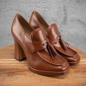Sam Edelman Jed Platform Block Heel Leather Loafers Tan Retro Sz 8M Office Prepp